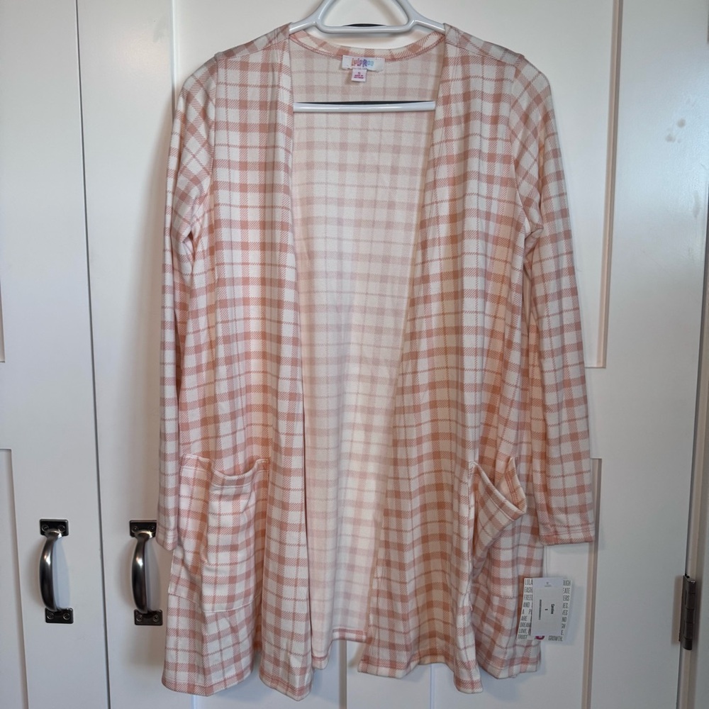 NWT Lularoe Women's Small Caroline Cardigan White & Pink‎ Gingham Plaid Print